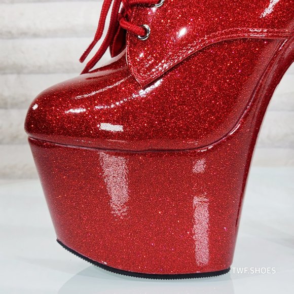 Ruby Red Glitter Patent 7" High Heel Platform Lace Up Ankle Boots 1020GP - Picture 4 of 8